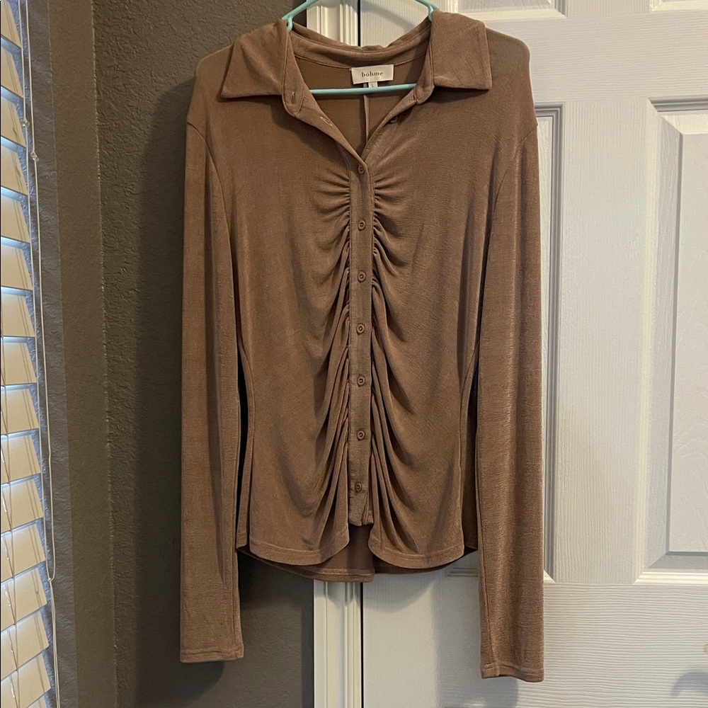 Bohme Brown Ruched Button-Up Blouse